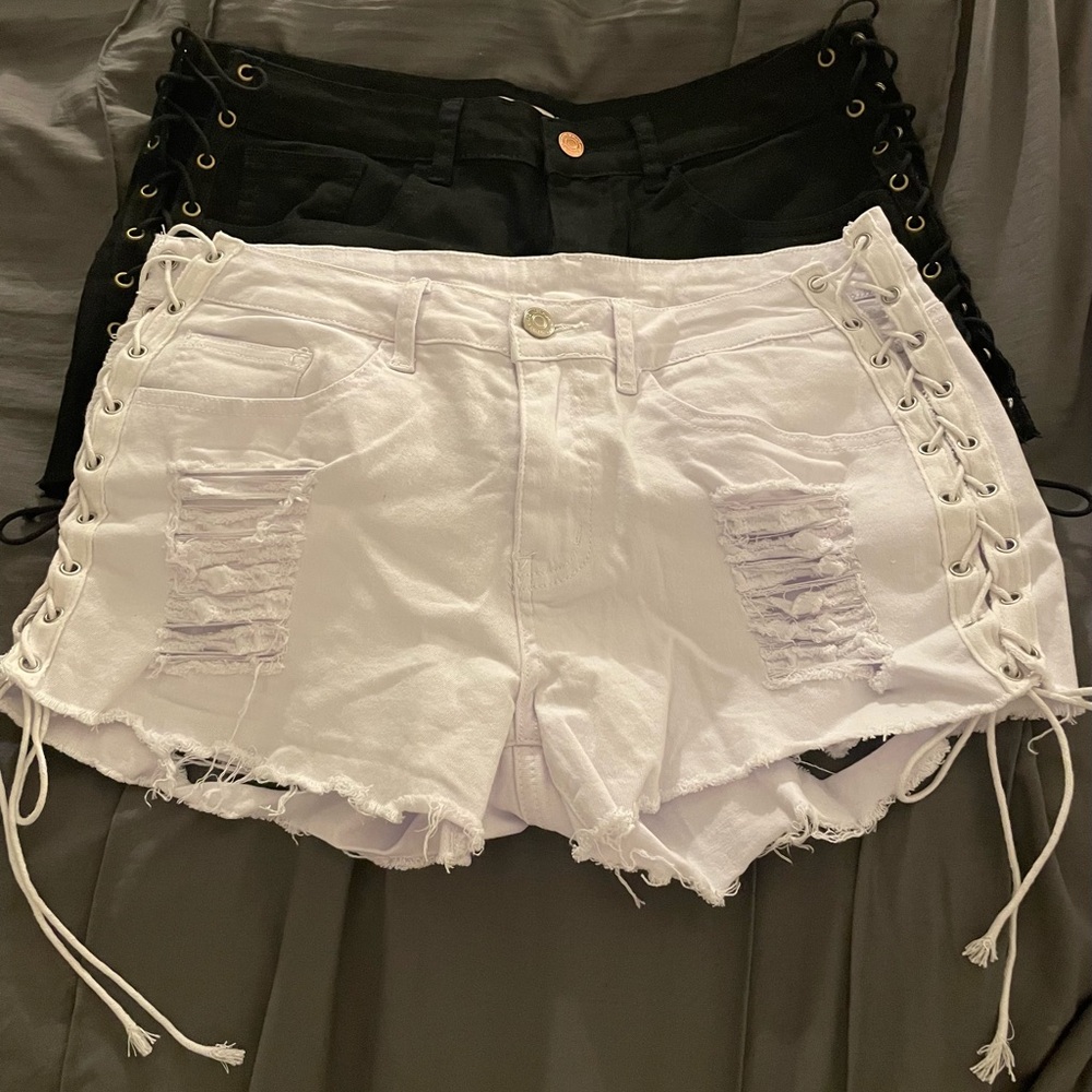 Stylish Lace-Up White and Black Jean Shorts